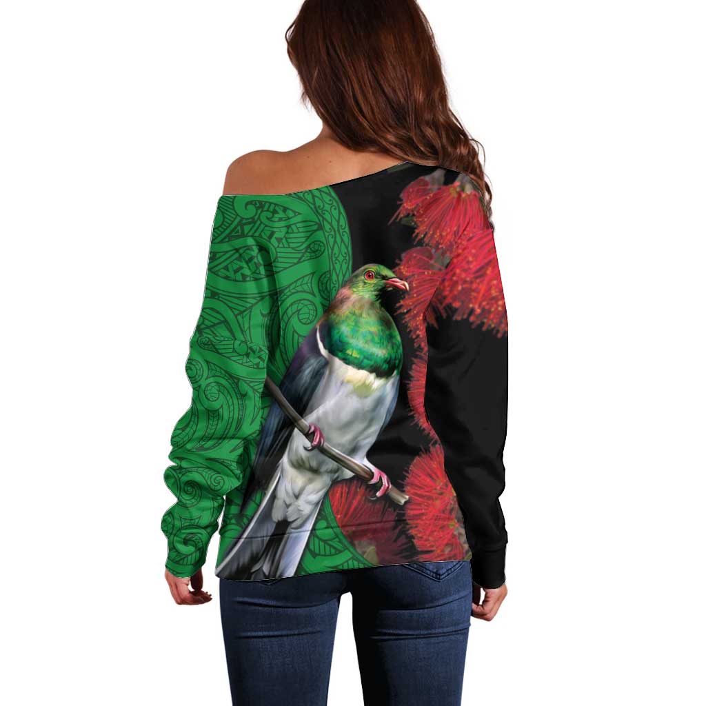 New Zealand Kereru And Pohutukawa Off Shoulder Sweater Maori Tribal Tattoo LT03 - Polynesian Pride