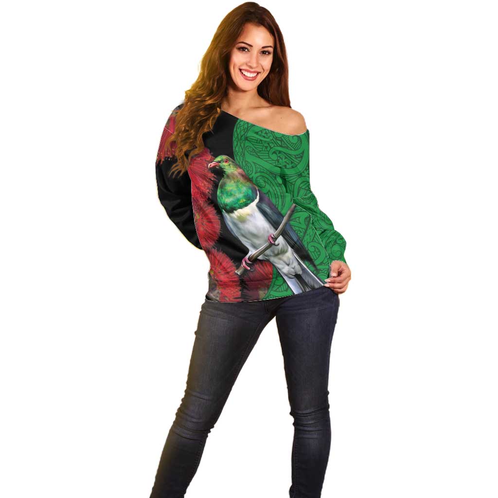 New Zealand Kereru And Pohutukawa Off Shoulder Sweater Maori Tribal Tattoo LT03 - Polynesian Pride