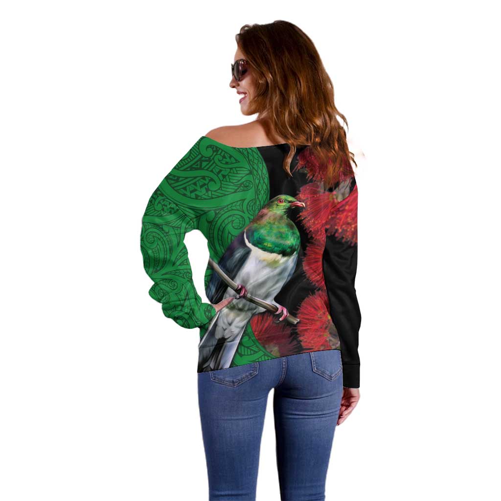 New Zealand Kereru And Pohutukawa Off Shoulder Sweater Maori Tribal Tattoo LT03 - Polynesian Pride
