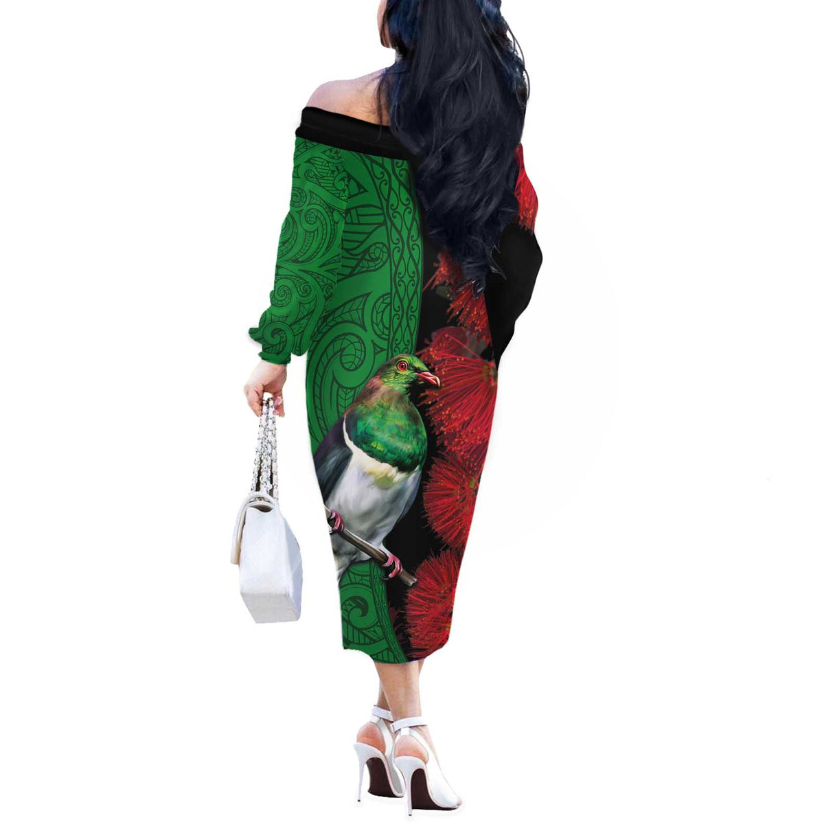 New Zealand Kereru And Pohutukawa Off The Shoulder Long Sleeve Dress Maori Tribal Tattoo LT03 - Polynesian Pride