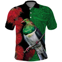 New Zealand Kereru And Pohutukawa Polo Shirt Maori Tribal Tattoo LT03 Black - Polynesian Pride