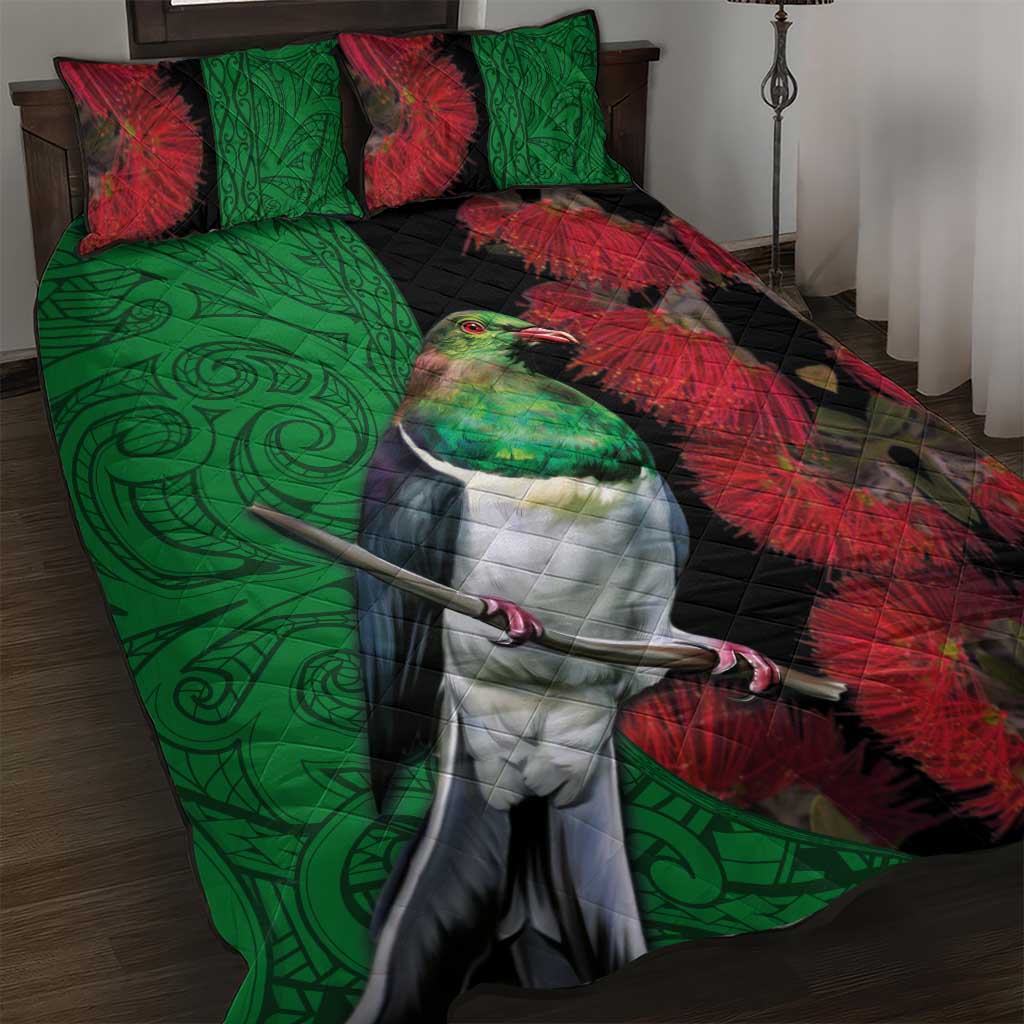 New Zealand Kereru And Pohutukawa Quilt Bed Set Maori Tribal Tattoo LT03 Black - Polynesian Pride