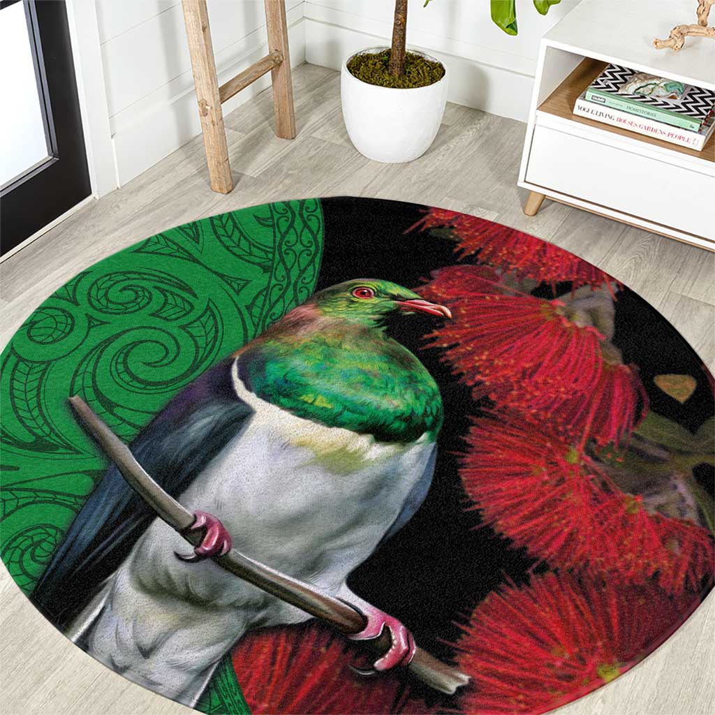 New Zealand Kereru And Pohutukawa Round Carpet Maori Tribal Tattoo LT03 Black - Polynesian Pride