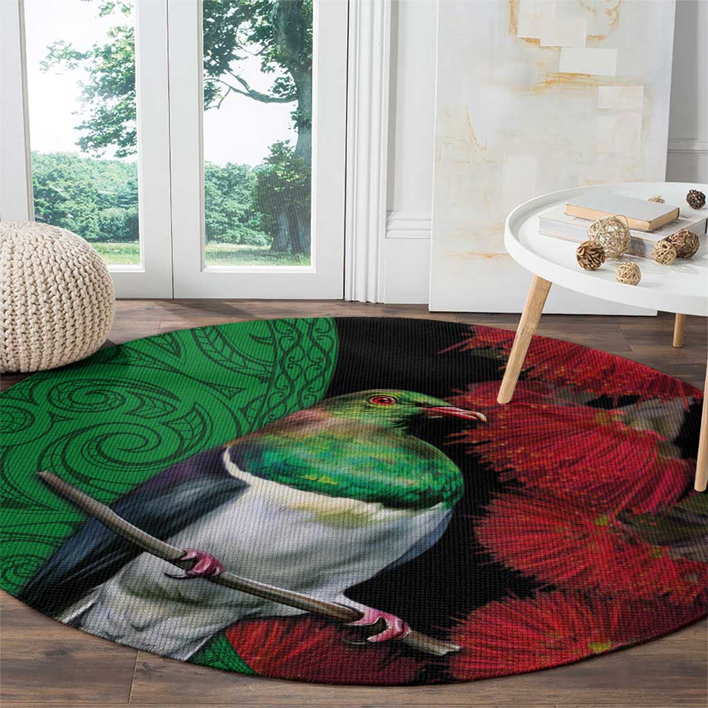 New Zealand Kereru And Pohutukawa Round Carpet Maori Tribal Tattoo LT03 - Polynesian Pride