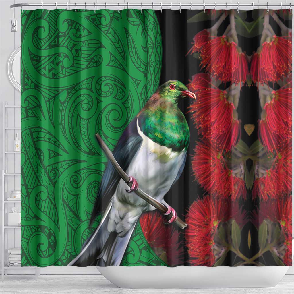 New Zealand Kereru And Pohutukawa Shower Curtain Maori Tribal Tattoo LT03 - Polynesian Pride