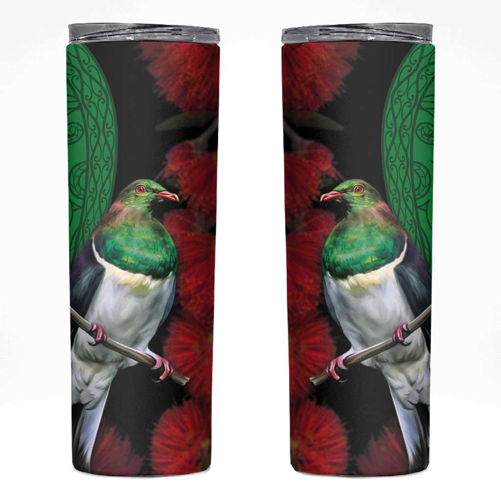 New Zealand Kereru And Pohutukawa Skinny Tumbler Maori Tribal Tattoo LT03 Black - Polynesian Pride