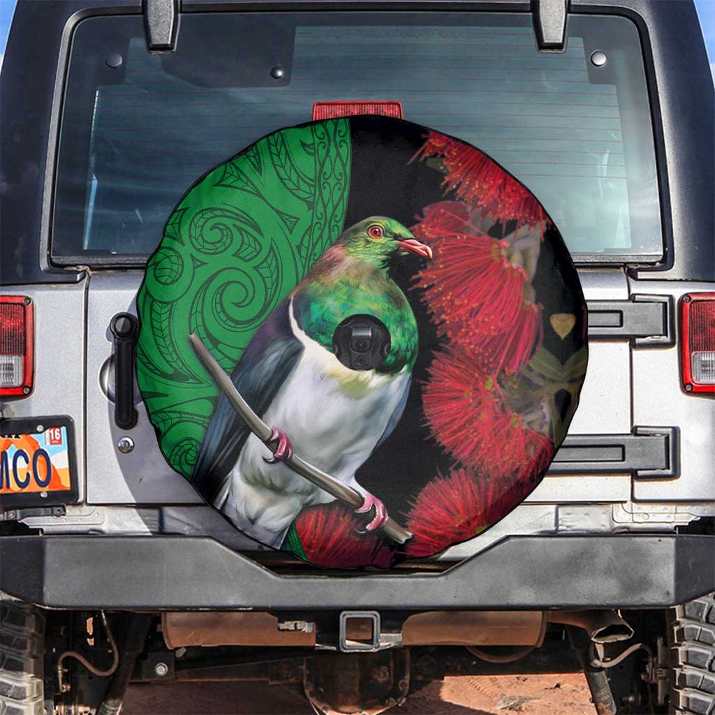 New Zealand Kereru And Pohutukawa Spare Tire Cover Maori Tribal Tattoo LT03 Black - Polynesian Pride