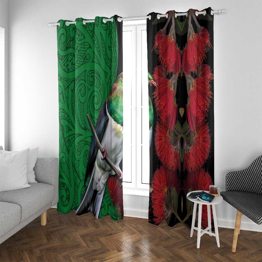 New Zealand Kereru And Pohutukawa Window Curtain Maori Tribal Tattoo LT03 With Grommets Black - Polynesian Pride