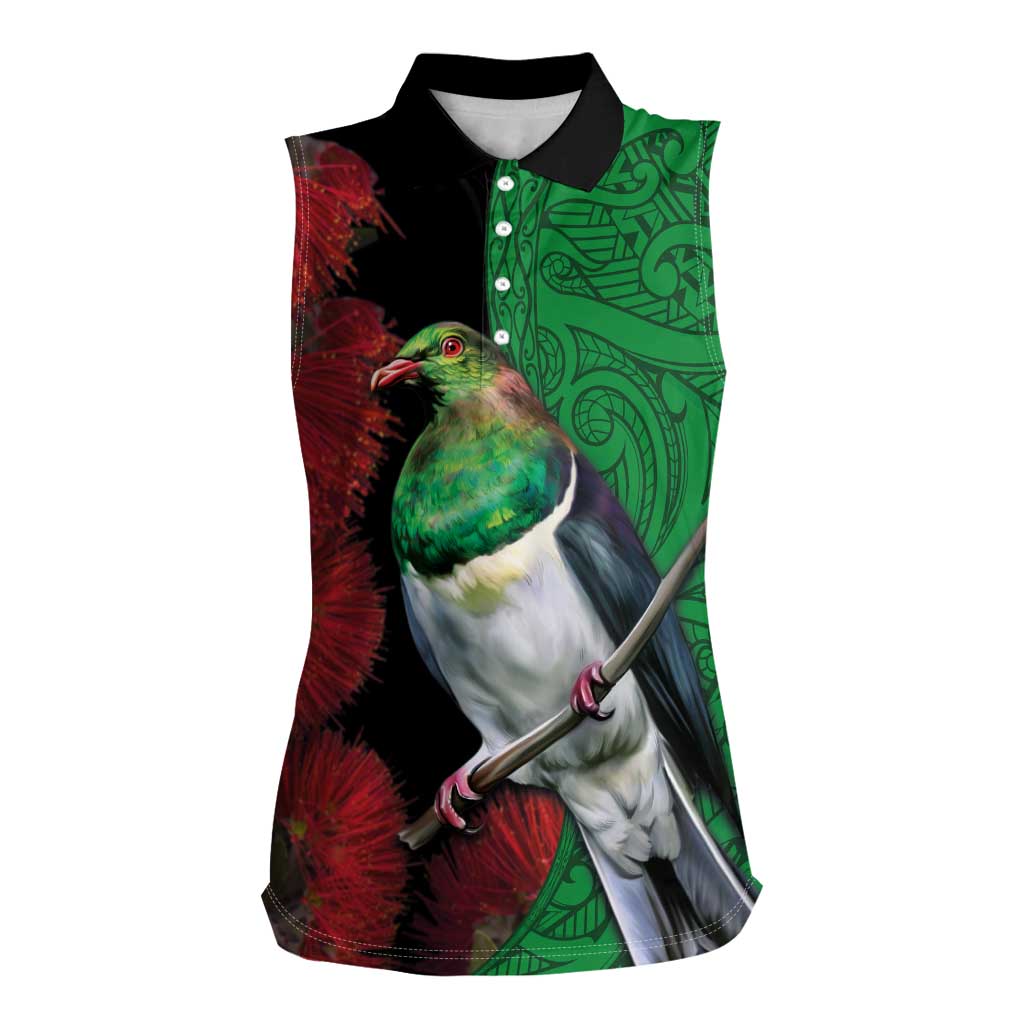 New Zealand Kereru And Pohutukawa Women Sleeveless Polo Shirt Maori Tribal Tattoo LT03 Female Black - Polynesian Pride