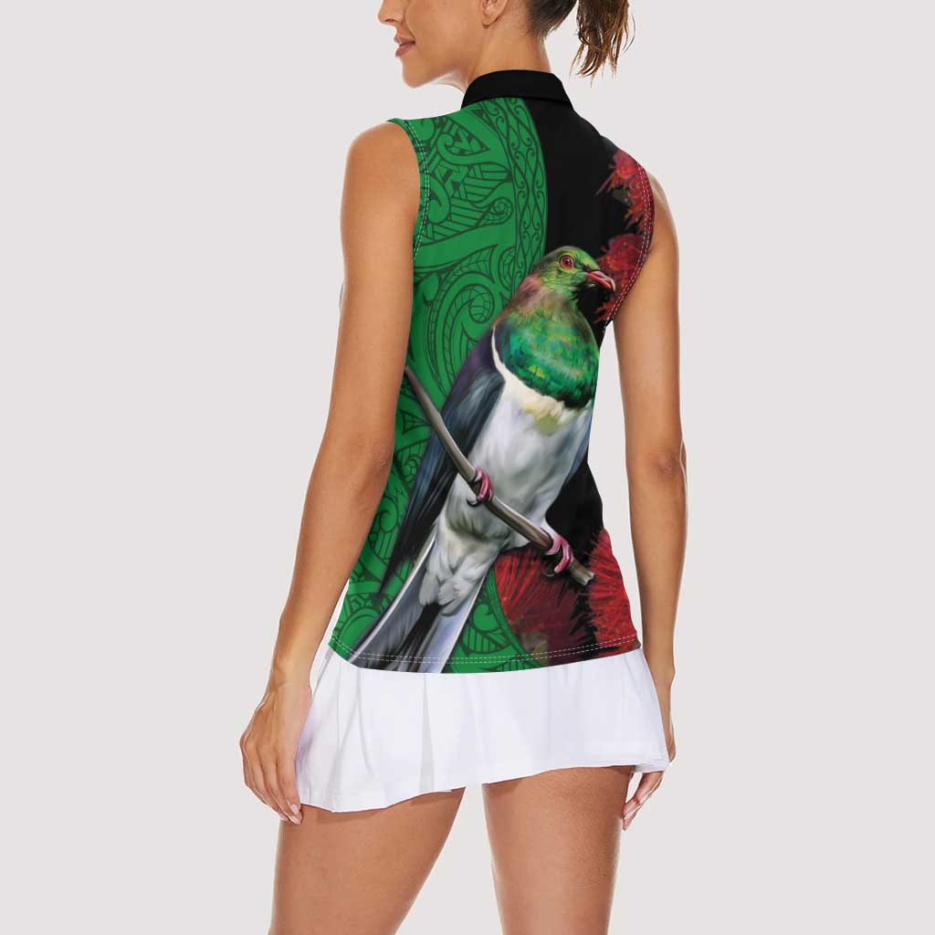 New Zealand Kereru And Pohutukawa Women Sleeveless Polo Shirt Maori Tribal Tattoo LT03 - Polynesian Pride
