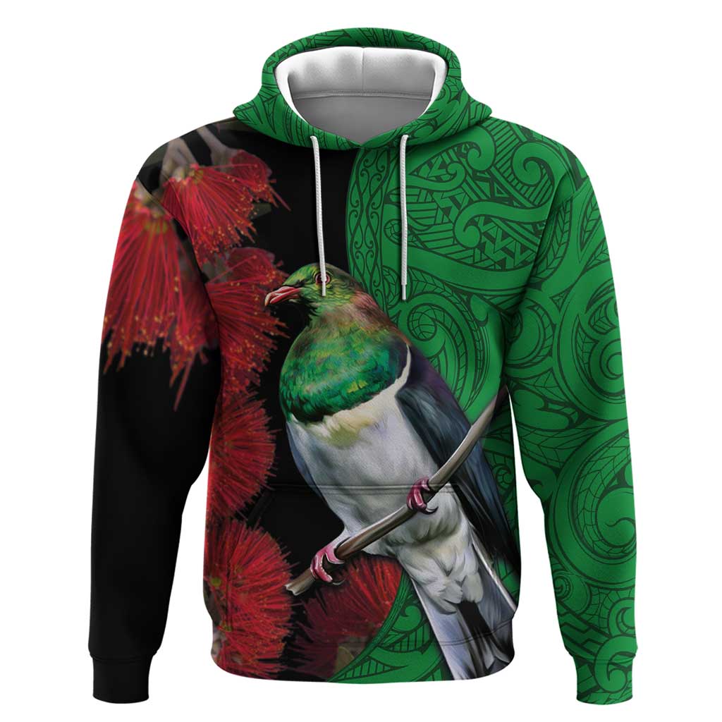 New Zealand Kereru And Pohutukawa Zip Hoodie Maori Tribal Tattoo LT03 Pullover Hoodie Black - Polynesian Pride