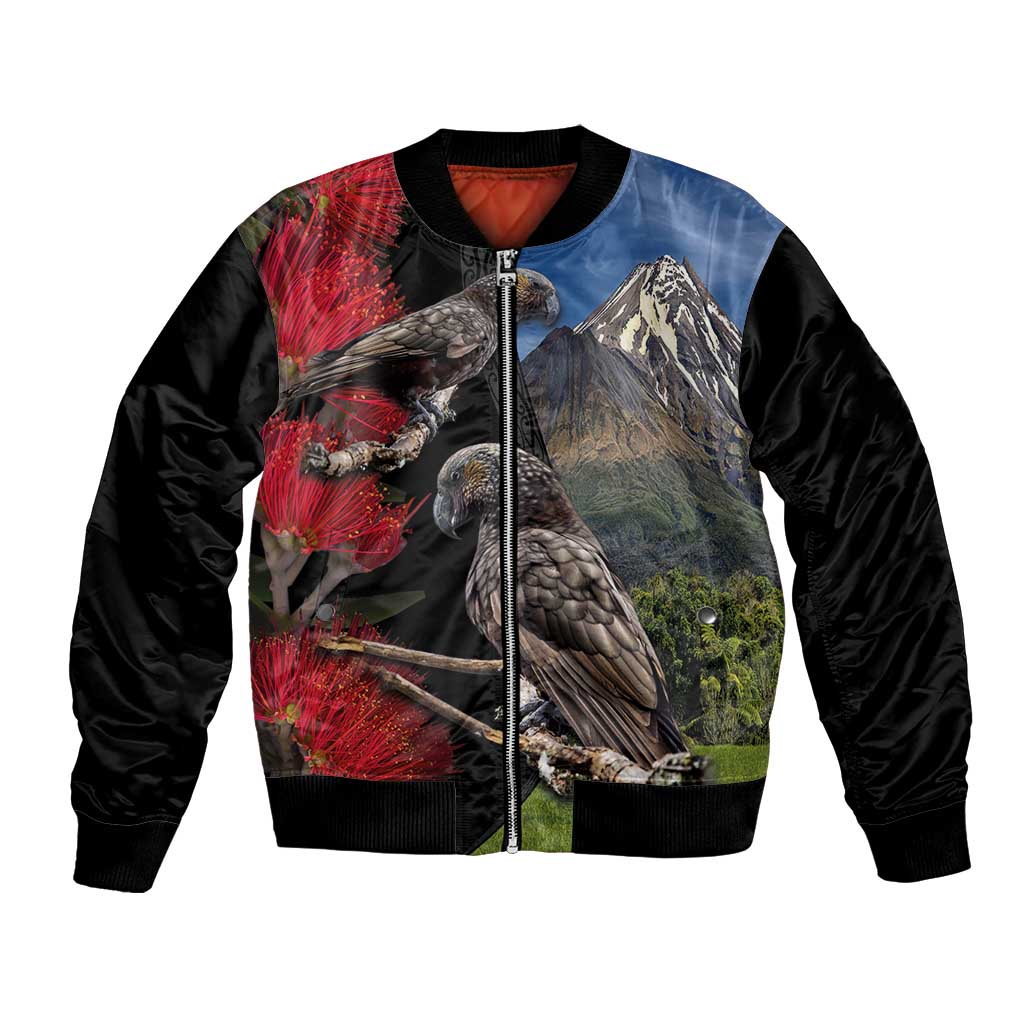 New Zealand Kea And Pohutukawa Bomber Jacket With The Mountain Landscape LT03 Unisex Black - Polynesian Pride