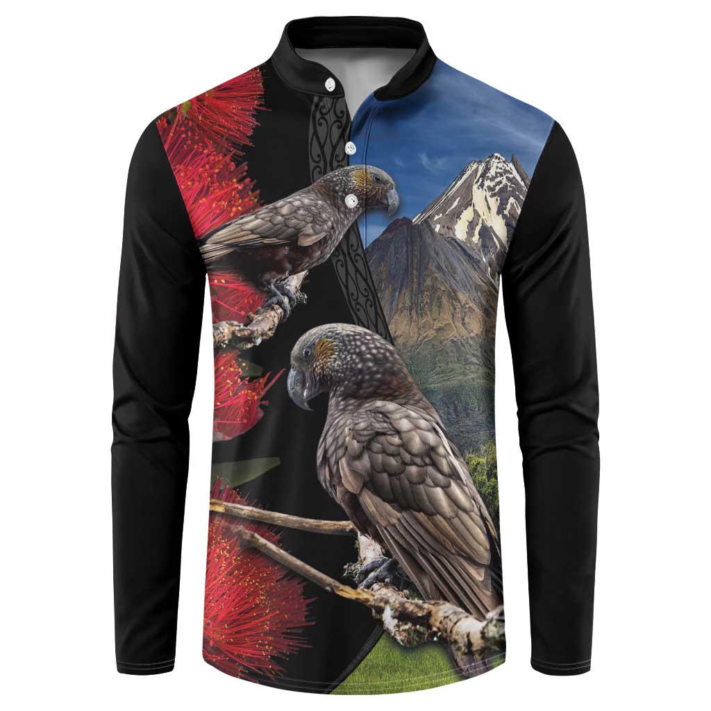 New Zealand Kea And Pohutukawa Button Sweatshirt With The Mountain Landscape LT03 Black - Polynesian Pride
