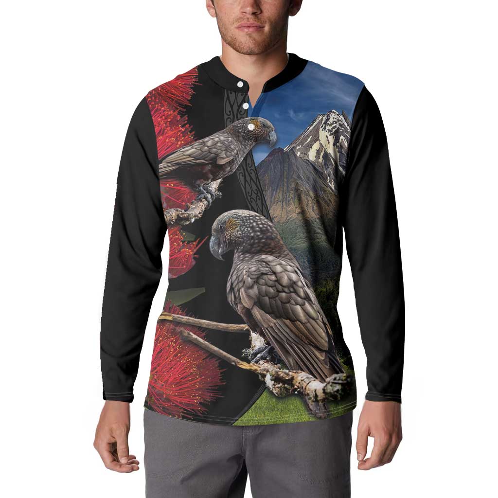 New Zealand Kea And Pohutukawa Button Sweatshirt With The Mountain Landscape LT03 - Polynesian Pride