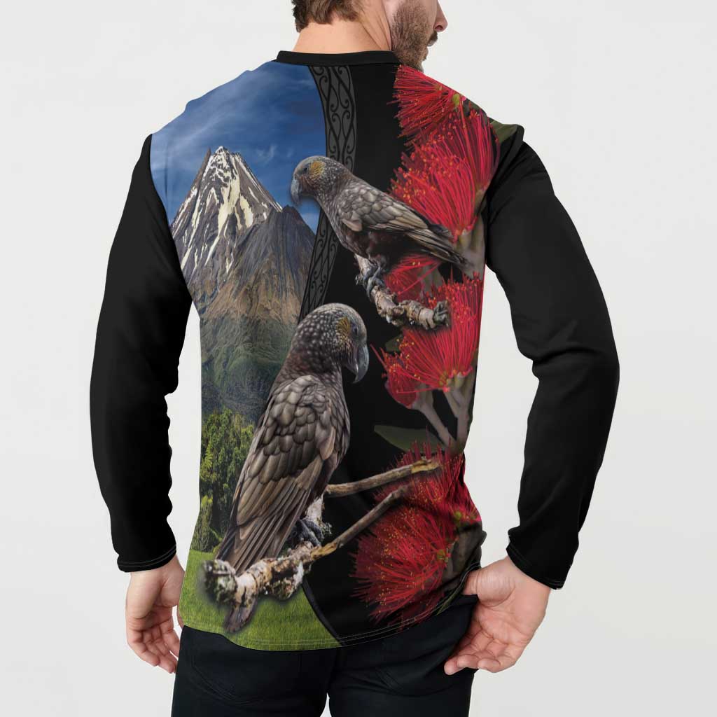 New Zealand Kea And Pohutukawa Button Sweatshirt With The Mountain Landscape LT03 - Polynesian Pride