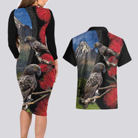 New Zealand Kea And Pohutukawa Couples Matching Long Sleeve Bodycon Dress and Hawaiian Shirt With The Mountain Landscape LT03 - Polynesian Pride