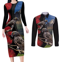 New Zealand Kea And Pohutukawa Couples Matching Long Sleeve Bodycon Dress and Long Sleeve Button Shirt With The Mountain Landscape LT03 Black - Polynesian Pride