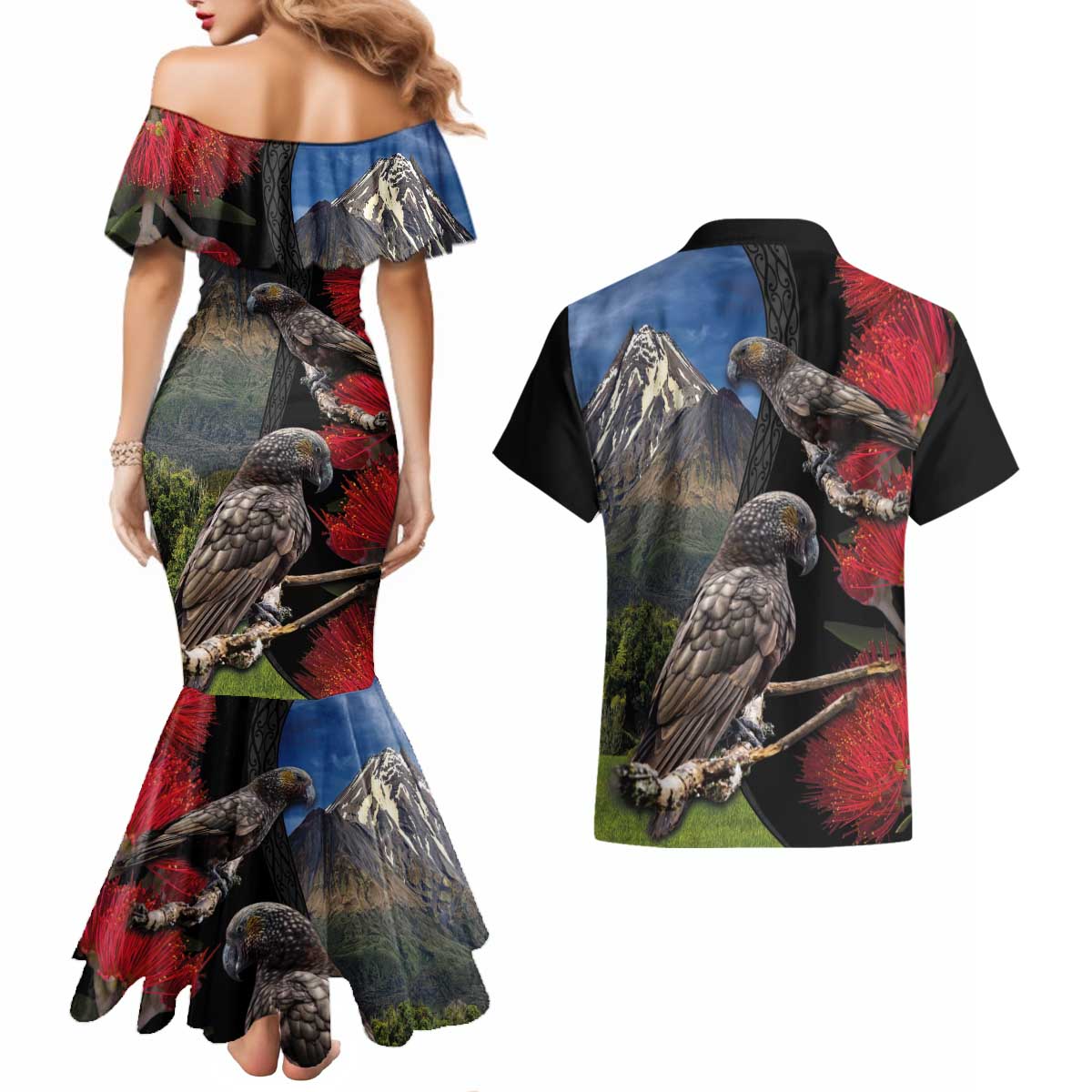 New Zealand Kea And Pohutukawa Couples Matching Mermaid Dress and Hawaiian Shirt With The Mountain Landscape LT03 - Polynesian Pride