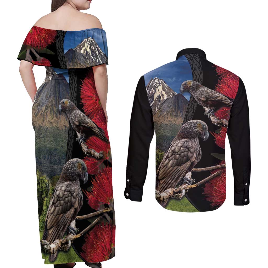 New Zealand Kea And Pohutukawa Couples Matching Off Shoulder Maxi Dress and Long Sleeve Button Shirt With The Mountain Landscape LT03 - Polynesian Pride