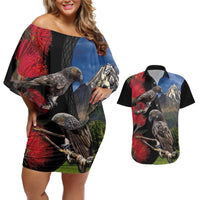 New Zealand Kea And Pohutukawa Couples Matching Off Shoulder Short Dress and Hawaiian Shirt With The Mountain Landscape LT03 Black - Polynesian Pride