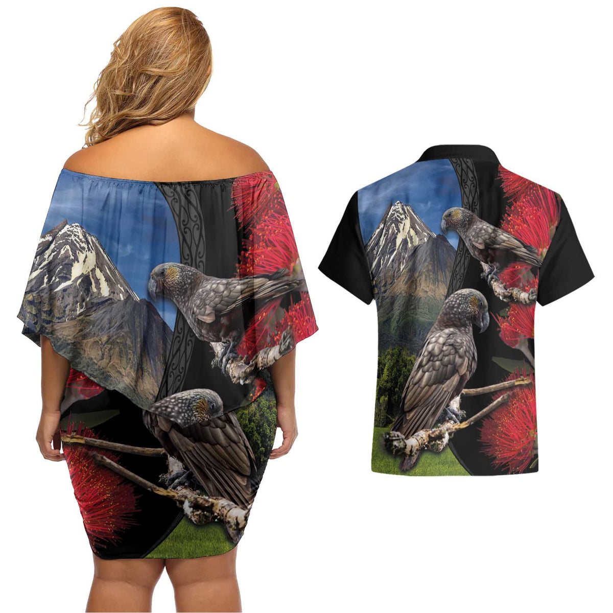 New Zealand Kea And Pohutukawa Couples Matching Off Shoulder Short Dress and Hawaiian Shirt With The Mountain Landscape LT03 - Polynesian Pride