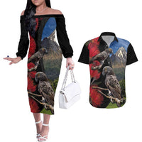 New Zealand Kea And Pohutukawa Couples Matching Off The Shoulder Long Sleeve Dress and Hawaiian Shirt With The Mountain Landscape LT03 Black - Polynesian Pride