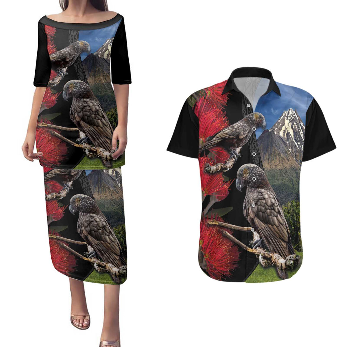 New Zealand Kea And Pohutukawa Couples Matching Puletasi and Hawaiian Shirt With The Mountain Landscape LT03 Black - Polynesian Pride