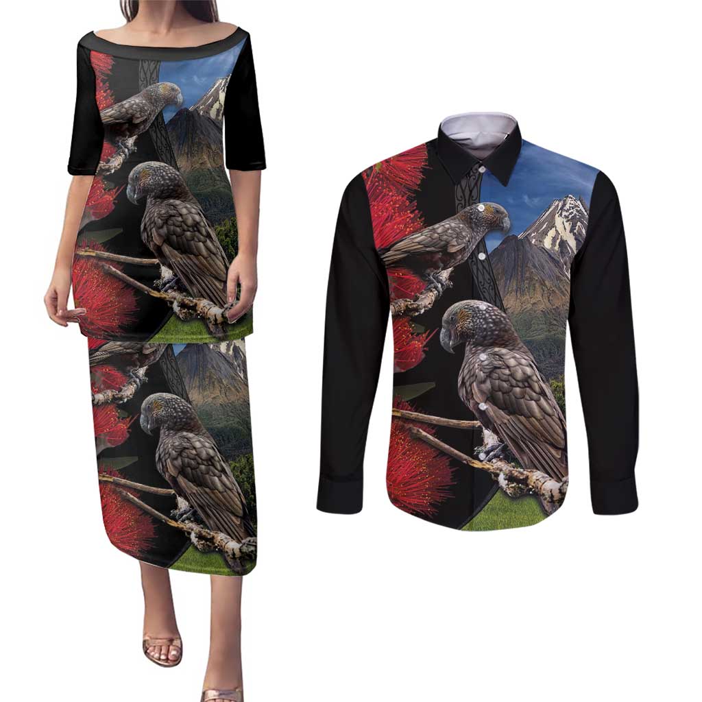 New Zealand Kea And Pohutukawa Couples Matching Puletasi and Long Sleeve Button Shirt With The Mountain Landscape LT03 Black - Polynesian Pride