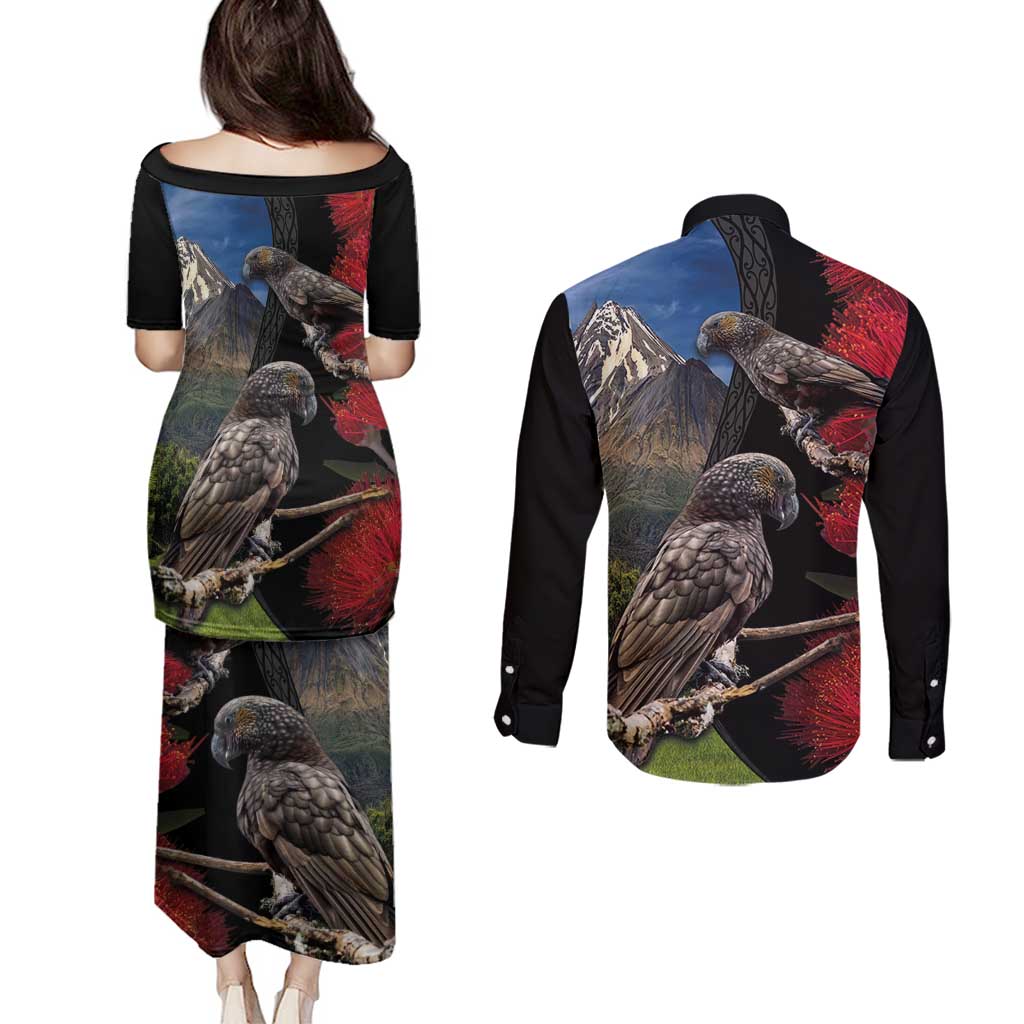 New Zealand Kea And Pohutukawa Couples Matching Puletasi and Long Sleeve Button Shirt With The Mountain Landscape LT03 - Polynesian Pride