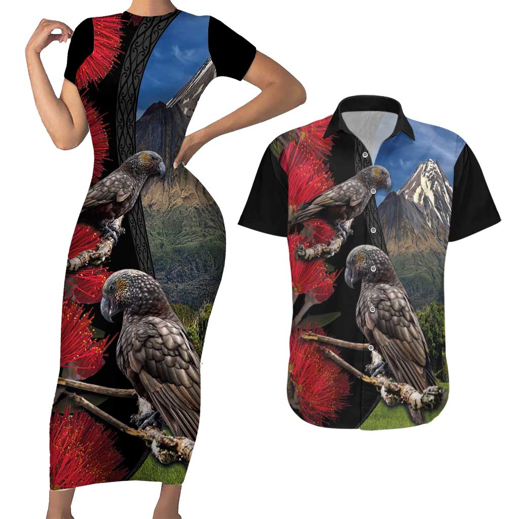 New Zealand Kea And Pohutukawa Couples Matching Short Sleeve Bodycon Dress and Hawaiian Shirt With The Mountain Landscape LT03 Black - Polynesian Pride