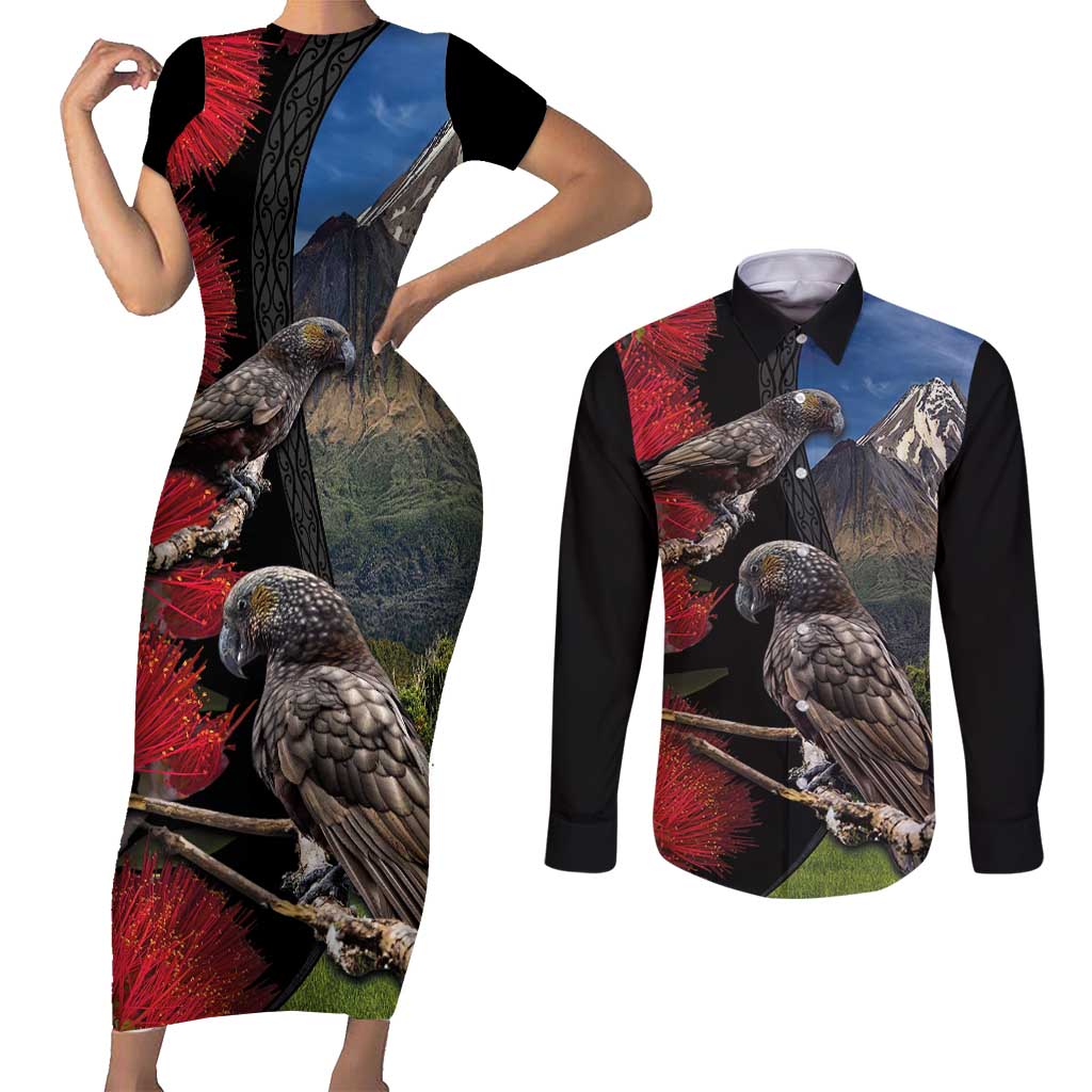 New Zealand Kea And Pohutukawa Couples Matching Short Sleeve Bodycon Dress and Long Sleeve Button Shirt With The Mountain Landscape LT03 Black - Polynesian Pride