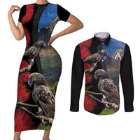 New Zealand Kea And Pohutukawa Couples Matching Short Sleeve Bodycon Dress and Long Sleeve Button Shirt With The Mountain Landscape LT03 Black - Polynesian Pride