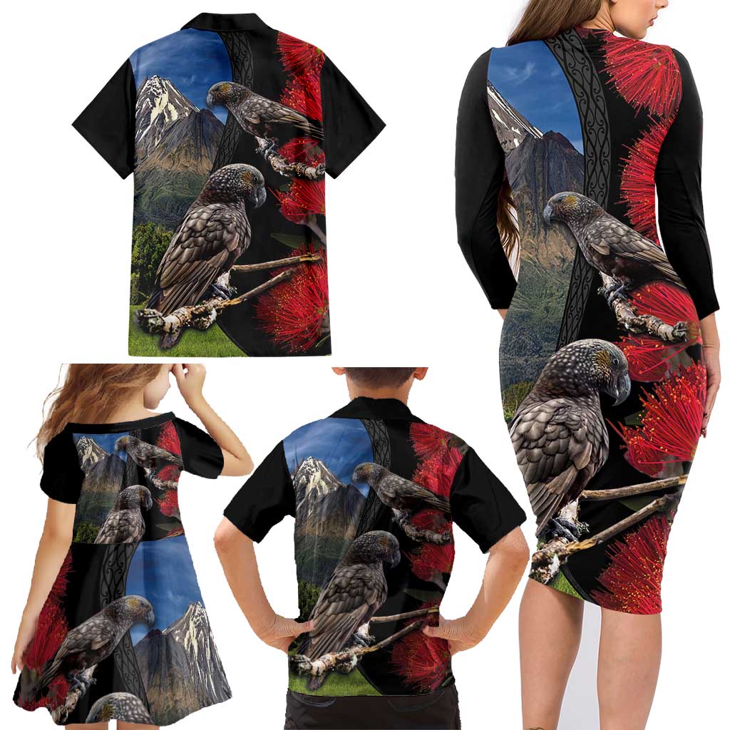 New Zealand Kea And Pohutukawa Family Matching Long Sleeve Bodycon Dress and Hawaiian Shirt With The Mountain Landscape LT03 - Polynesian Pride