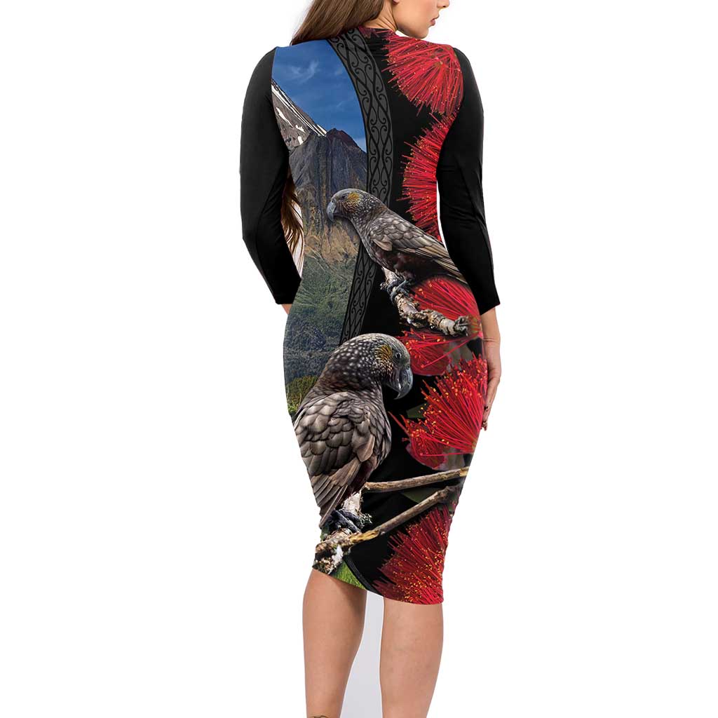 New Zealand Kea And Pohutukawa Family Matching Long Sleeve Bodycon Dress and Hawaiian Shirt With The Mountain Landscape LT03 - Polynesian Pride