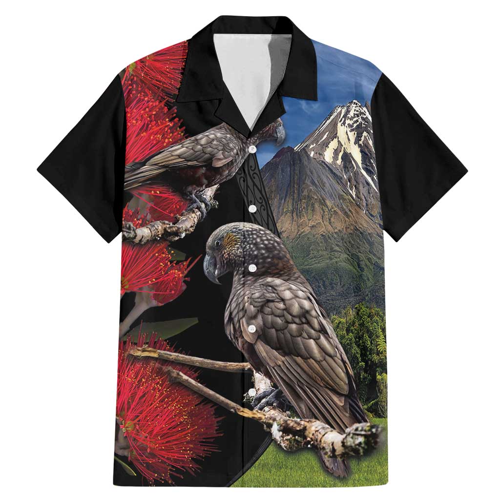 New Zealand Kea And Pohutukawa Family Matching Mermaid Dress and Hawaiian Shirt With The Mountain Landscape LT03 Dad's Shirt - Short Sleeve Black - Polynesian Pride