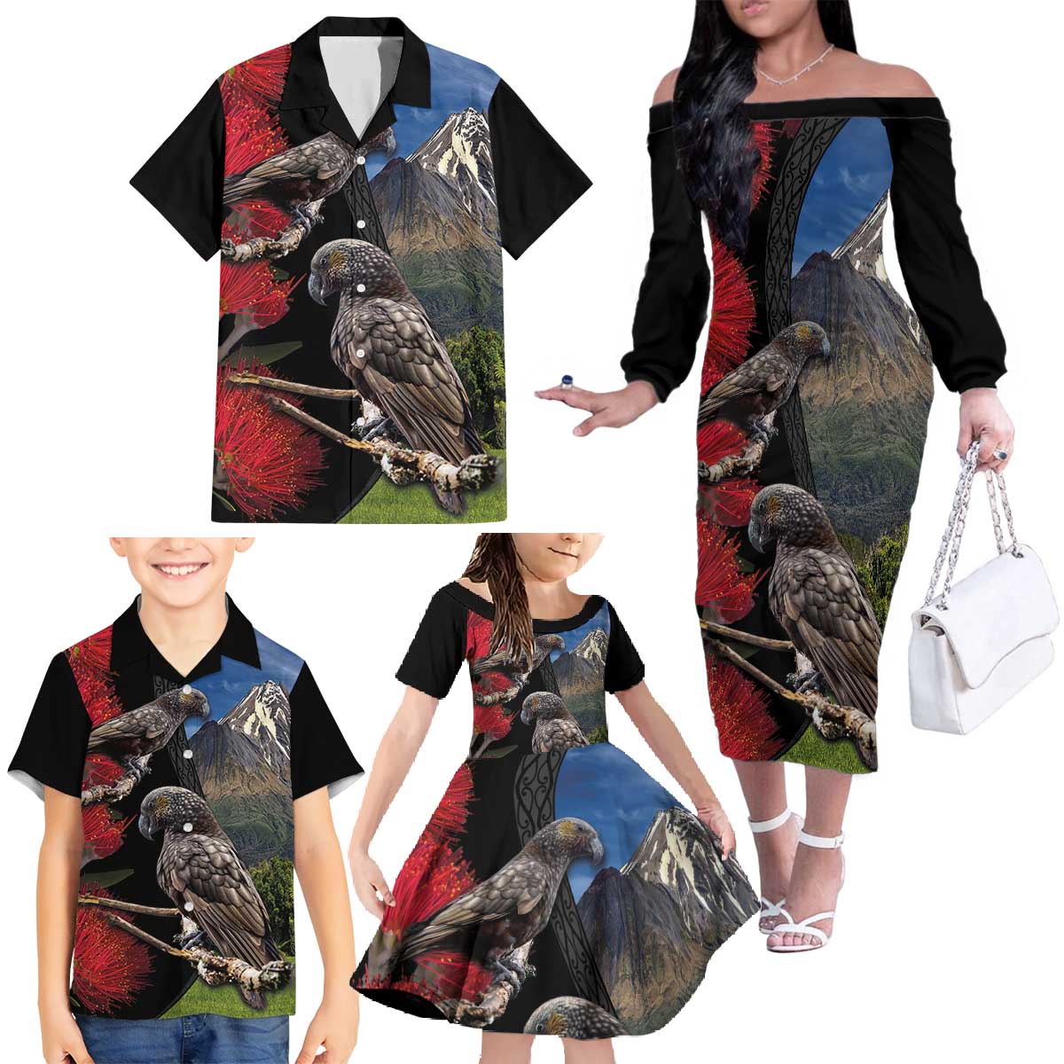 New Zealand Kea And Pohutukawa Family Matching Off The Shoulder Long Sleeve Dress and Hawaiian Shirt With The Mountain Landscape LT03 - Polynesian Pride