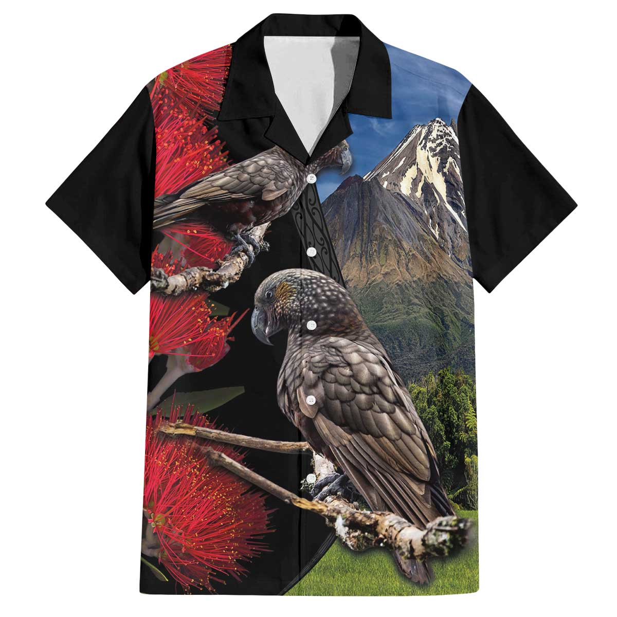 New Zealand Kea And Pohutukawa Family Matching Off The Shoulder Long Sleeve Dress and Hawaiian Shirt With The Mountain Landscape LT03 Dad's Shirt - Short Sleeve Black - Polynesian Pride