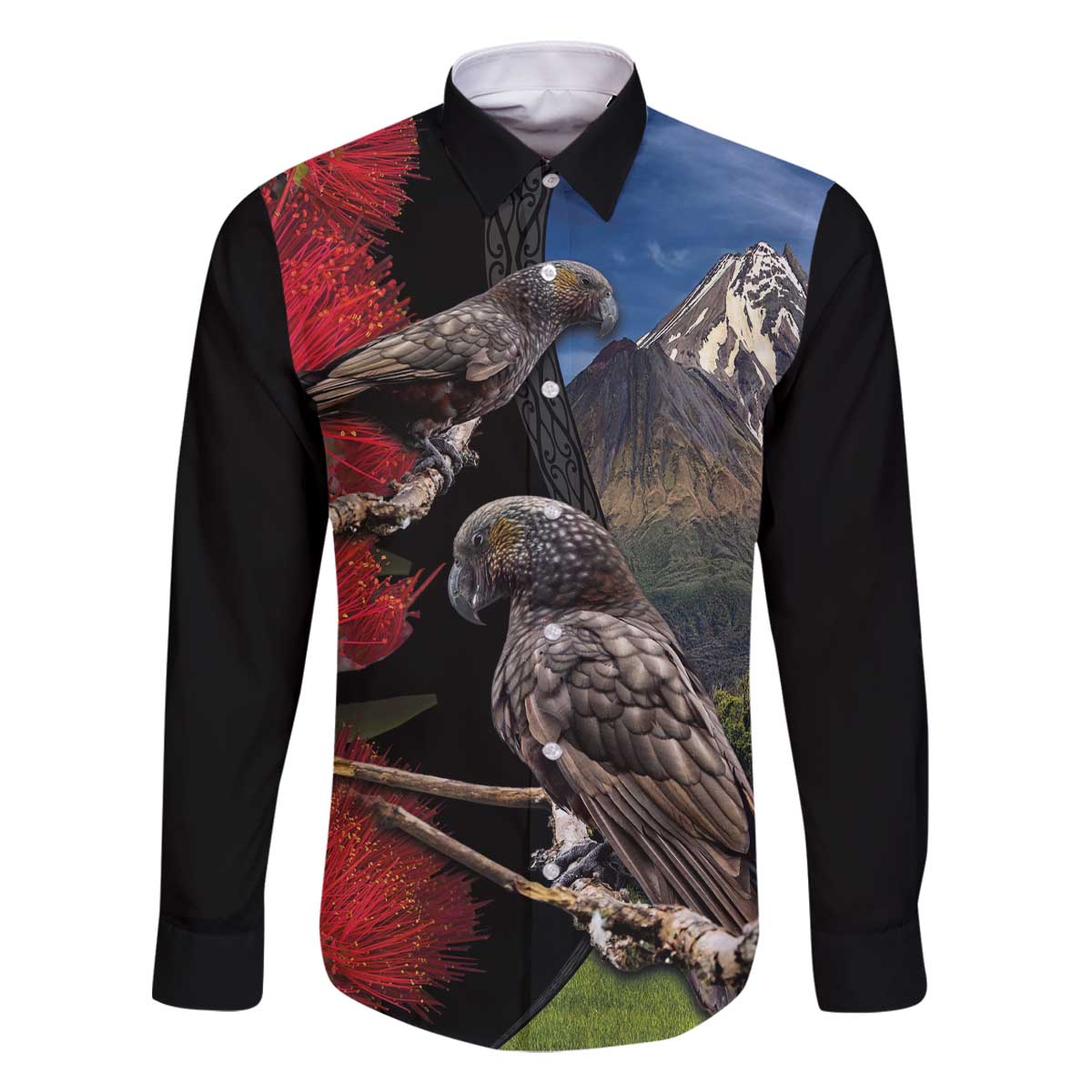 New Zealand Kea And Pohutukawa Family Matching Off The Shoulder Long Sleeve Dress and Hawaiian Shirt With The Mountain Landscape LT03 Dad's Shirt - Long Sleeve Black - Polynesian Pride