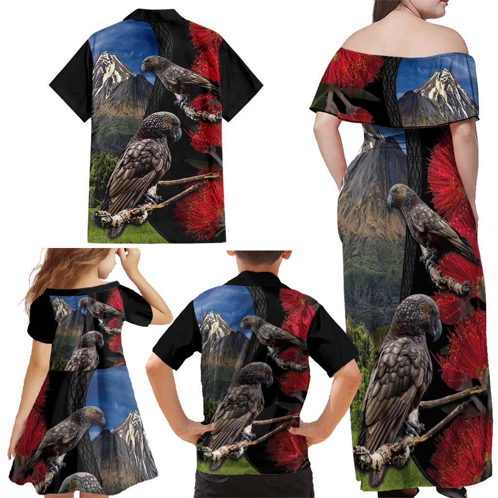 New Zealand Kea And Pohutukawa Family Matching Off Shoulder Maxi Dress and Hawaiian Shirt With The Mountain Landscape LT03 - Polynesian Pride