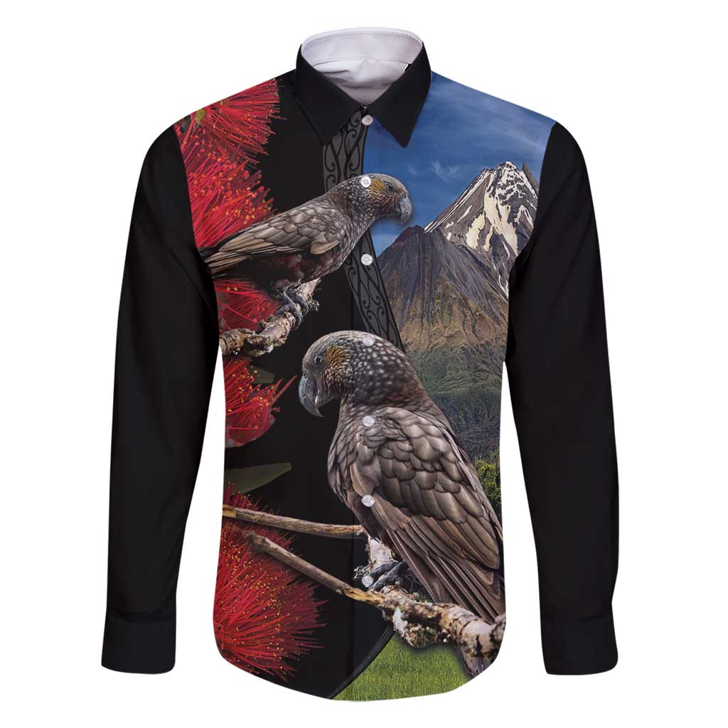 New Zealand Kea And Pohutukawa Family Matching Off Shoulder Maxi Dress and Hawaiian Shirt With The Mountain Landscape LT03 Dad's Shirt - Long Sleeve Black - Polynesian Pride