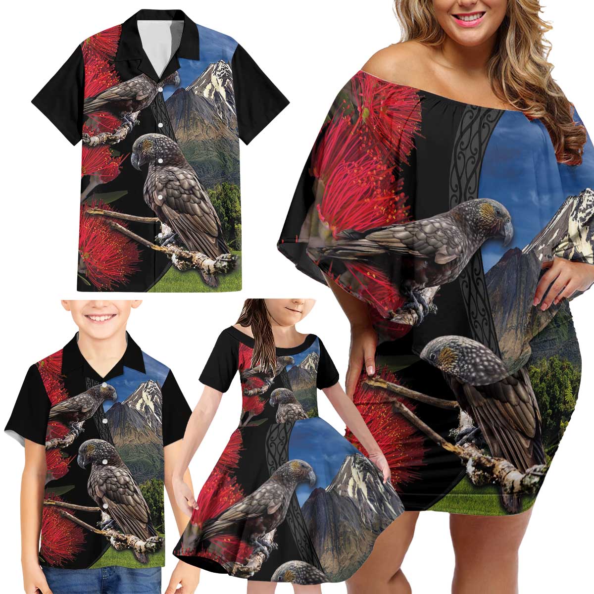 New Zealand Kea And Pohutukawa Family Matching Off Shoulder Short Dress and Hawaiian Shirt With The Mountain Landscape LT03 - Polynesian Pride