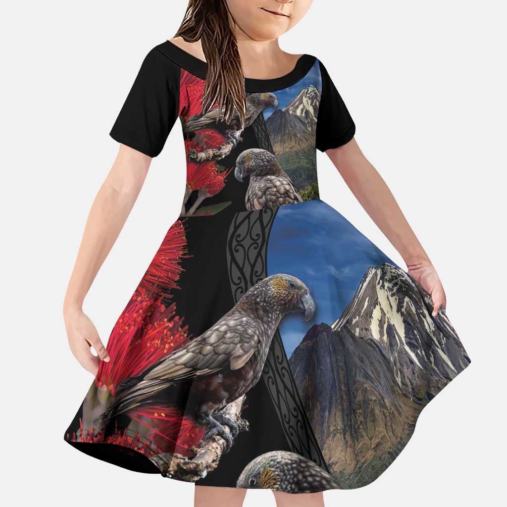 New Zealand Kea And Pohutukawa Family Matching Puletasi and Hawaiian Shirt With The Mountain Landscape LT03 Daughter's Dress Black - Polynesian Pride