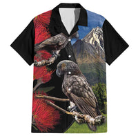 New Zealand Kea And Pohutukawa Family Matching Puletasi and Hawaiian Shirt With The Mountain Landscape LT03 Dad's Shirt - Short Sleeve Black - Polynesian Pride