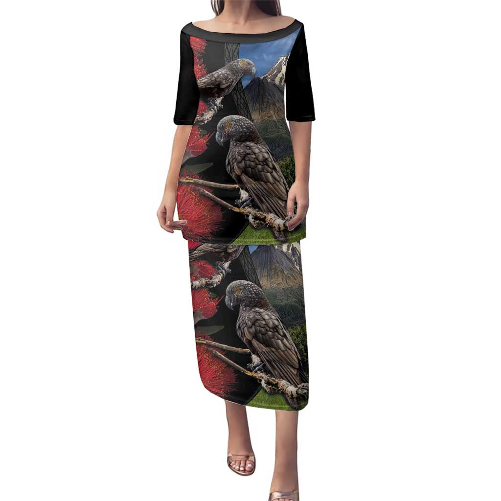 New Zealand Kea And Pohutukawa Family Matching Puletasi and Hawaiian Shirt With The Mountain Landscape LT03 Mom's Dress Black - Polynesian Pride
