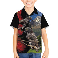 New Zealand Kea And Pohutukawa Family Matching Puletasi and Hawaiian Shirt With The Mountain Landscape LT03 Son's Shirt Black - Polynesian Pride