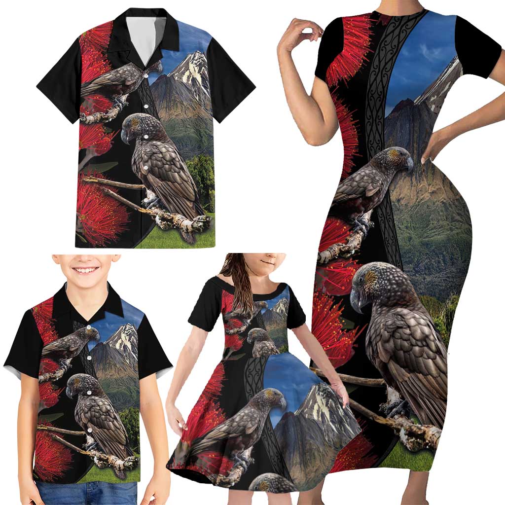 New Zealand Kea And Pohutukawa Family Matching Short Sleeve Bodycon Dress and Hawaiian Shirt With The Mountain Landscape LT03 - Polynesian Pride