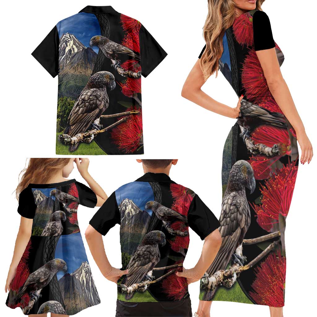 New Zealand Kea And Pohutukawa Family Matching Short Sleeve Bodycon Dress and Hawaiian Shirt With The Mountain Landscape LT03 - Polynesian Pride