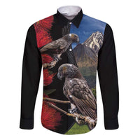 New Zealand Kea And Pohutukawa Family Matching Short Sleeve Bodycon Dress and Hawaiian Shirt With The Mountain Landscape LT03 Dad's Shirt - Long Sleeve Black - Polynesian Pride