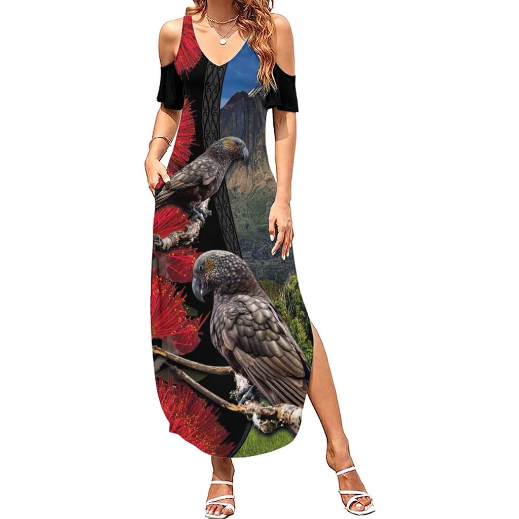 New Zealand Kea And Pohutukawa Family Matching Summer Maxi Dress and Hawaiian Shirt With The Mountain Landscape LT03 Mom's Dress Black - Polynesian Pride