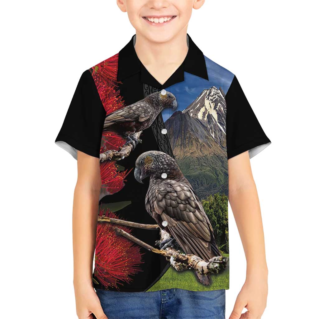 New Zealand Kea And Pohutukawa Family Matching Summer Maxi Dress and Hawaiian Shirt With The Mountain Landscape LT03 Son's Shirt Black - Polynesian Pride